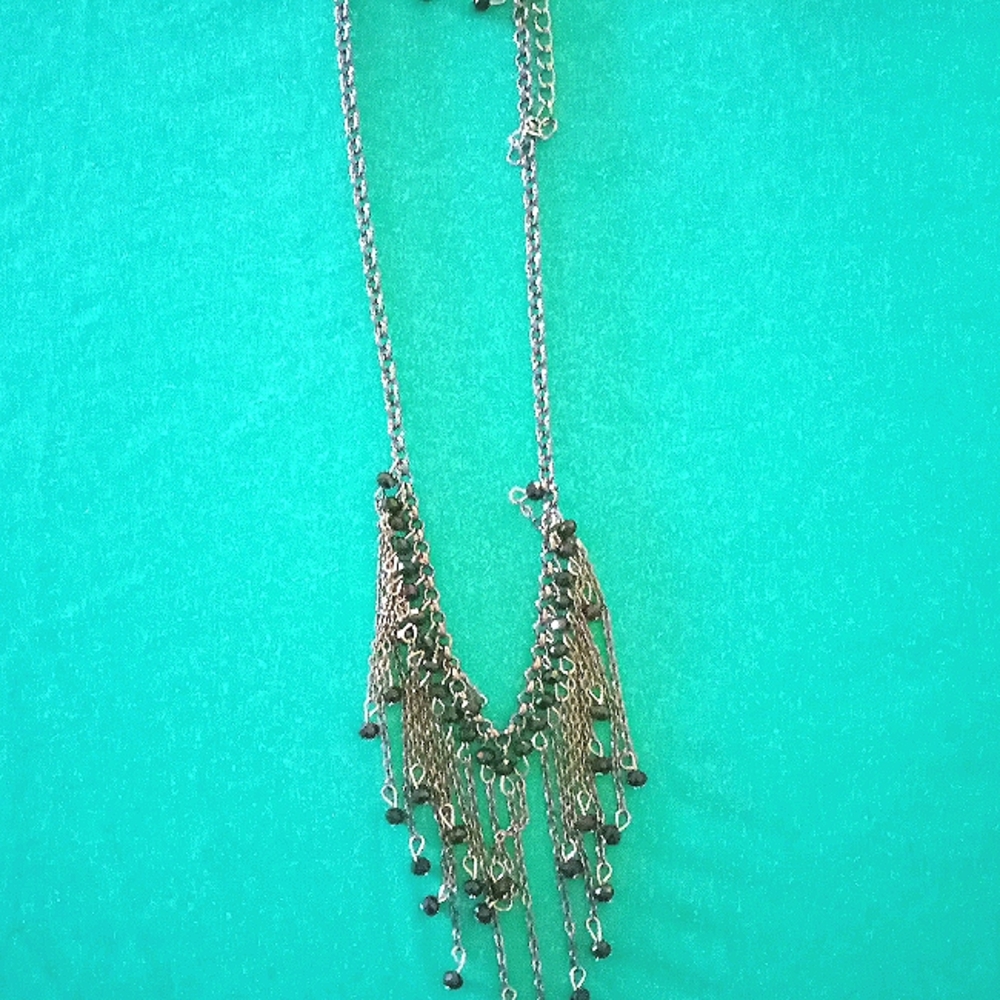 .Black dangly bead necklace with dangly earrings